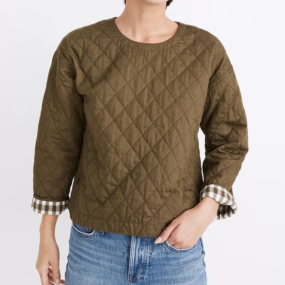 Madewell long sleeve quilted boxy top sweatshirt with flannel check inside‎